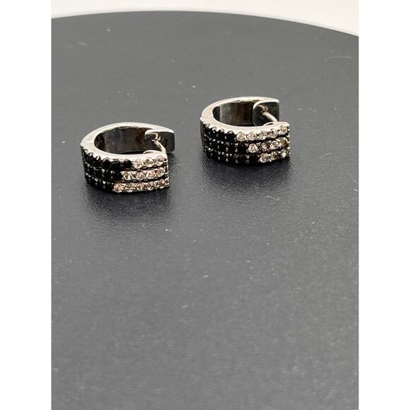 Sterling Silver Designer Signed Huggie Hoops Black and Clear CZ Earrings - Picture 8 of 9